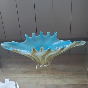 Dramatic Blue and Tan Glass Art Bowl